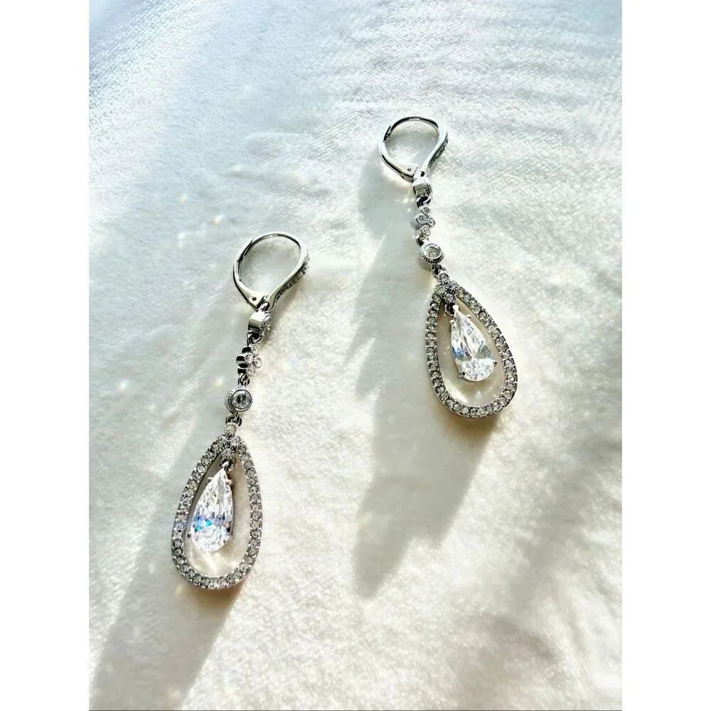 Nadri CZ Teardrop Halo Dangle Earrings Silver Bridal Wedding